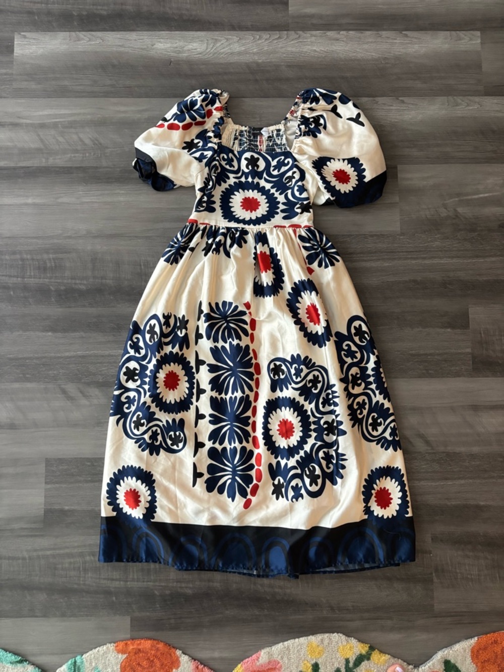 Cream Midi Dress with Navy Floral Motif and Red Accents